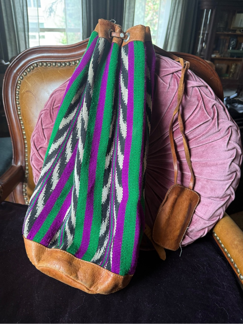 Handwoven Green & Purple Stripe Drawstring Backpack - Unbranded